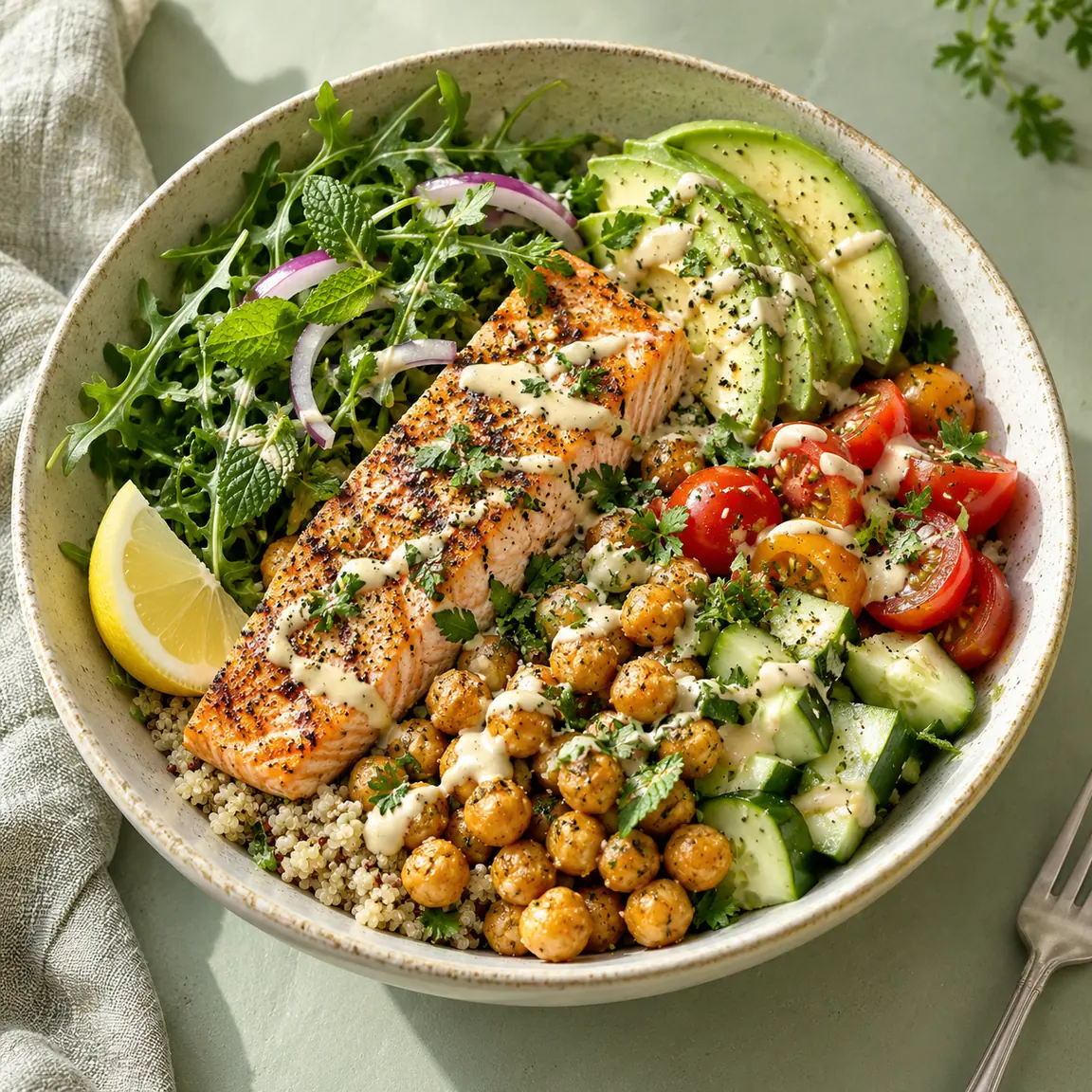 A colorful salmon and quinoa bowl with avocado, chickpeas, and fresh vegetables